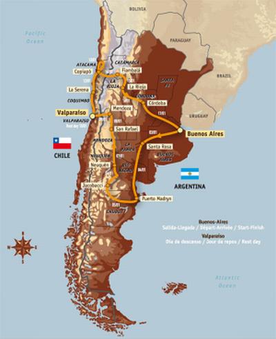 Rutekort: Rallye Dakar er næsten 10.000 km langt, men i 2009 køres rallyet for første gang i Sydamerika, nærmere bestemt Argentina og Chile.