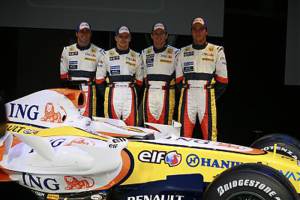 ING Renault F1 Teams kørerstab, Ricardo Zonta, Heikki Kovalainen, Giancarlo Fisichella and Nelson Piquet Jr., med  Renault R27. 