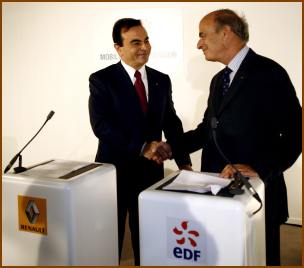 Renaults øverste direktør, Carlos Ghosn, har netop underskrevet en aftale med med det franske elselskab EDF, om at arbejde for udbredelsen af elbiler i Frankrig.